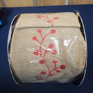 Holly Berry Wired Ribbon-Red Berry Natural 4” x 10yd Burlap Style Ribbon